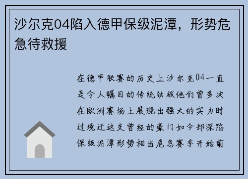 沙尔克04陷入德甲保级泥潭，形势危急待救援